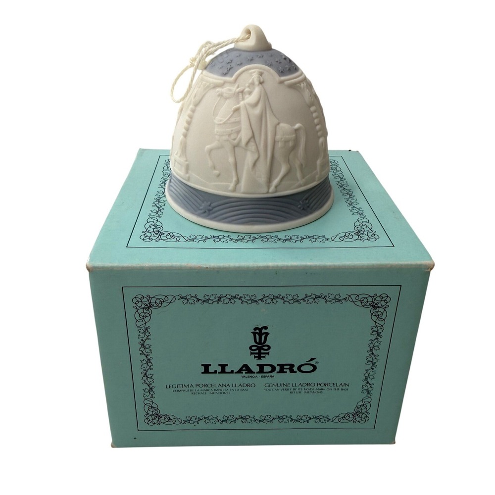 Lladro Christmas Bell 1990 Porcelain Ornament Matte Blue White 5.641 Spain Boxed